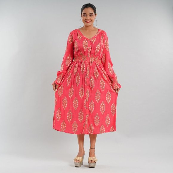 Coral or Navy Button Front Midi Dress with Smocking Dress - Picture 3 of 9